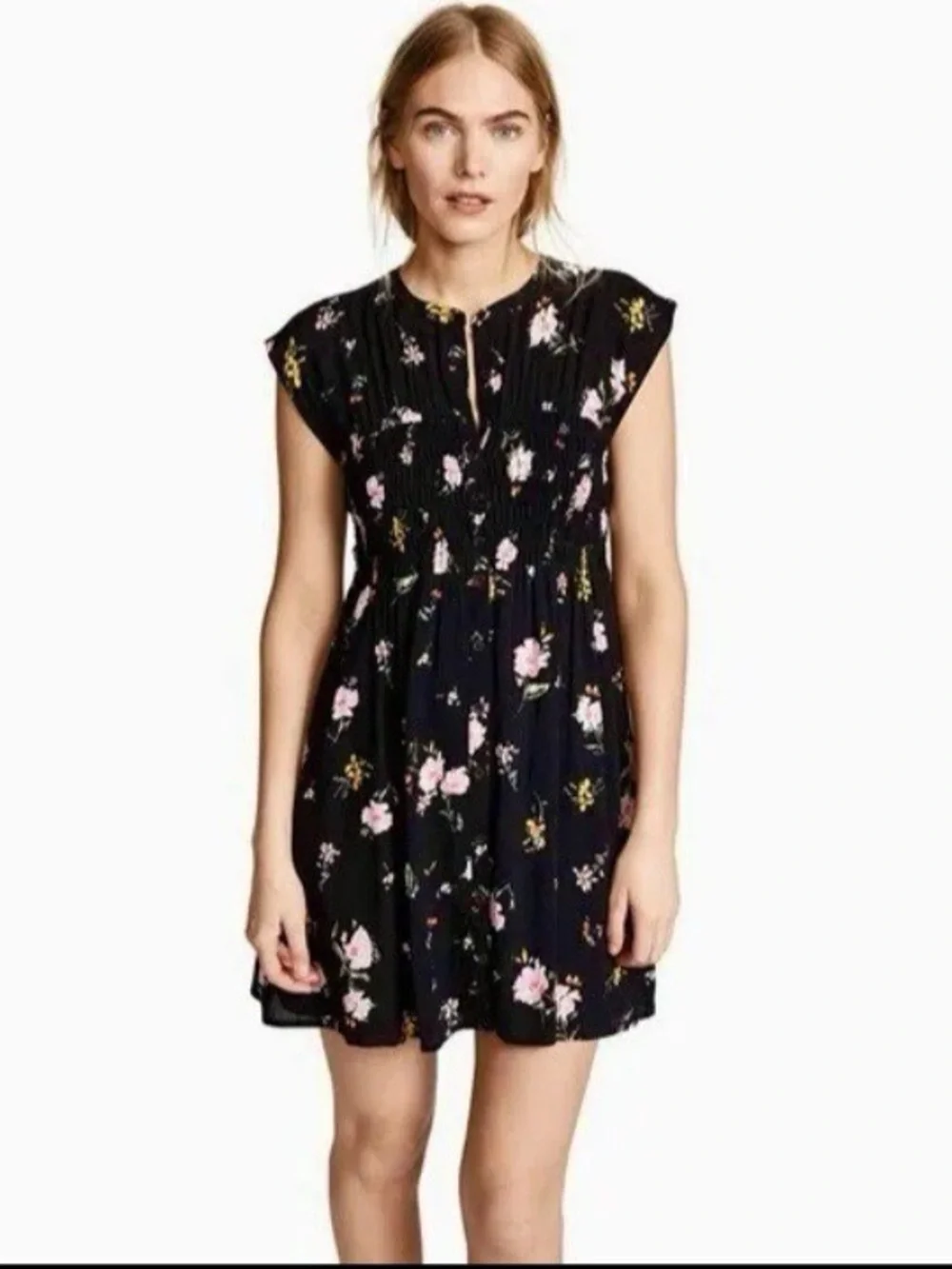 Free People Medium Greatest Day Black Floral Smocked Button Front Mini Dress